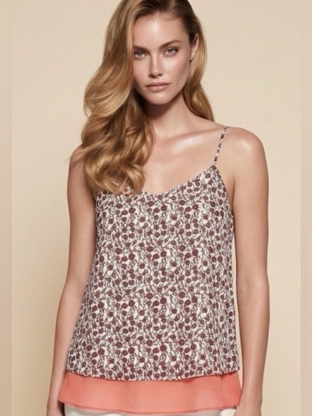 LOFT Layered Floral Adjustable Sleeveless Cami - Cream & Pink M
